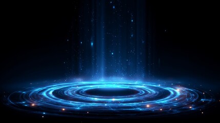 Blue hologram portal with glowing magic circle teleport effect, futuristic sci-fi round podium with abstract high tech holographic lights, digital fantasy technology design element in circular shape