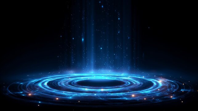 Blue hologram portal with glowing magic circle teleport effect, futuristic sci-fi round podium with abstract high tech holographic lights, digital fantasy technology design element in circular shape