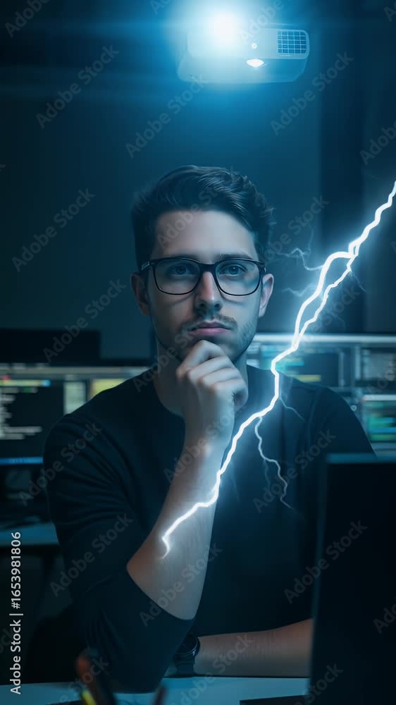 Poster focused man thinking with projector and computer screens around him