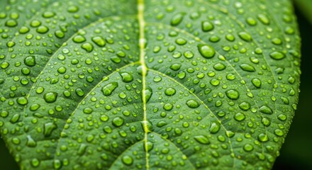 Close up of a vibrant green leaf covered in numerous glistening water droplets