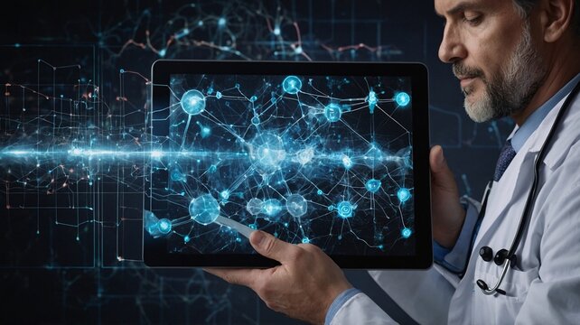 A middle-aged Caucasian male doctor explores advanced medical data on a tablet, surrounded by digital graphics.