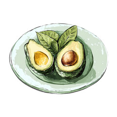 Halved Avocados on Plate: Vibrant Illustration on transparent background