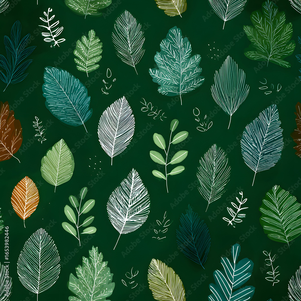 Poster leaf background. green, white seamless pattern with leaves in minimal line doodle style. decorative 