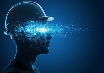 Futuristic Engineer: Digital Circuitry and Bright Light Emanating from a Hard Hat Silhouette