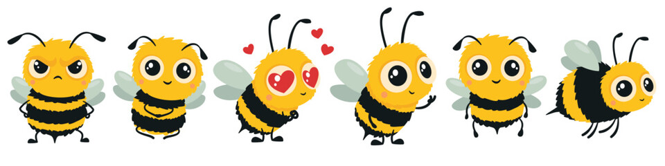 A set of vector illustrations in a childlike style. Cute cartoon-style bees with big eyes on a white background. In love, angry, and with flowers. Vector illustration
