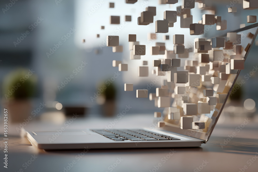 Poster laptop on desk with floating keyboard keys, creative concept
