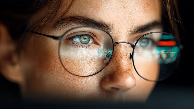 Woman with green eyes is wearing glasses. The glasses are black and have a red light on the side. The woman is looking at something on a computer screen - Powered by Adobe
