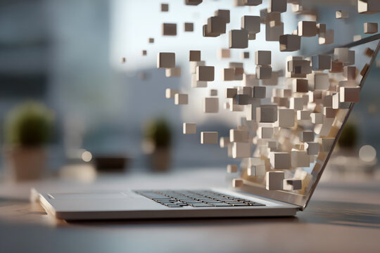 Laptop on Desk with Floating Keyboard Keys, Creative Concept
