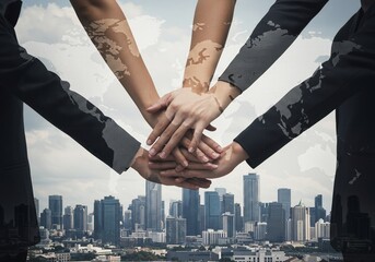 Global Teamwork: Hands United Over Cityscape with World Map Overlay