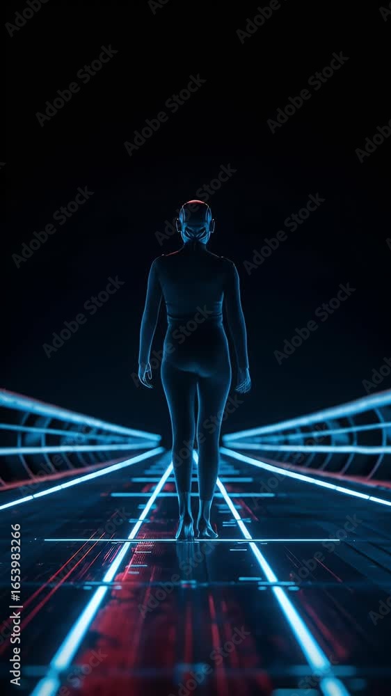 Poster futuristic android walks through neon lit abstract digital tunnel
