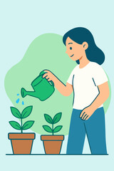 Woman watering plants at home to promote sustainable lifestyle and nature care.