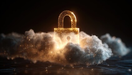 Golden padlock floating on a glowing cloud
