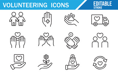 Set of Volunteering Icons for Social Work and Charity Activities