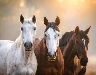 Two horses stand together in a sunlit field during early morning hours with soft fog