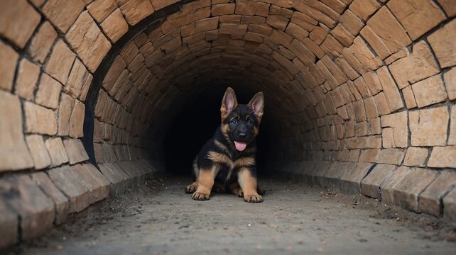 A playful German Shepherd puppy resting in a dark, bricked tunnel, showcasing its adorable features with a curious expression. - Powered by Adobe