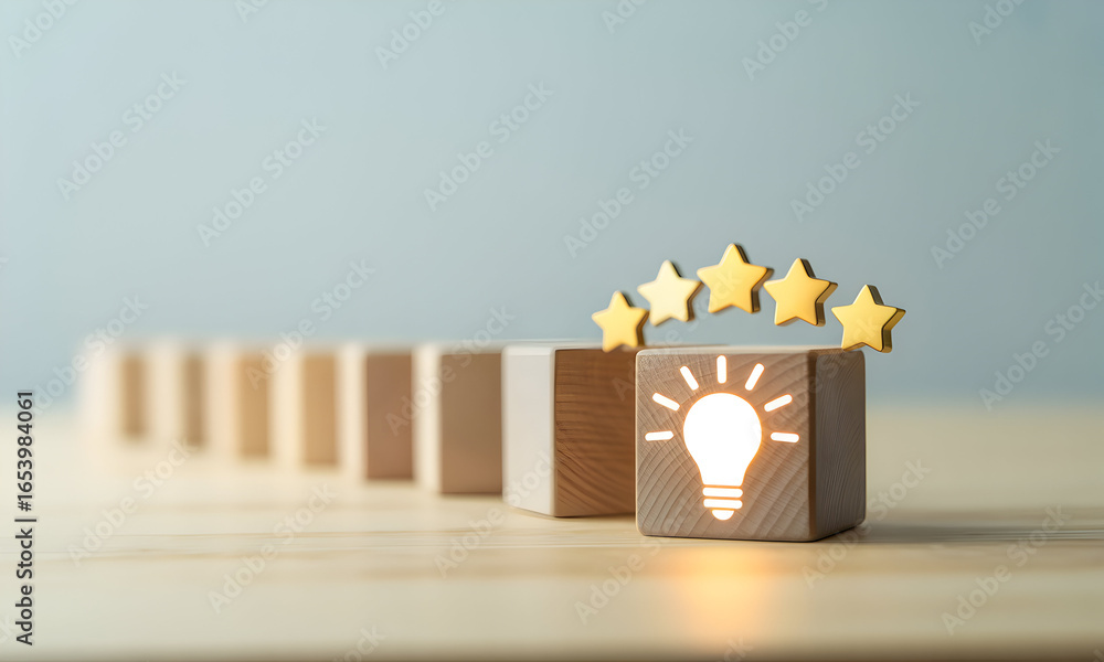 Aufkleber wooden blocks arranged in a row with a special block featuring a lightbulb and stars, symbolizing id