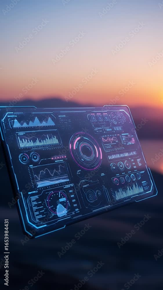 Poster futuristic data interface displayed on a tablet at sunset