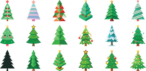 Collection of Festive Christmas Trees in Various Styles on a Black Background