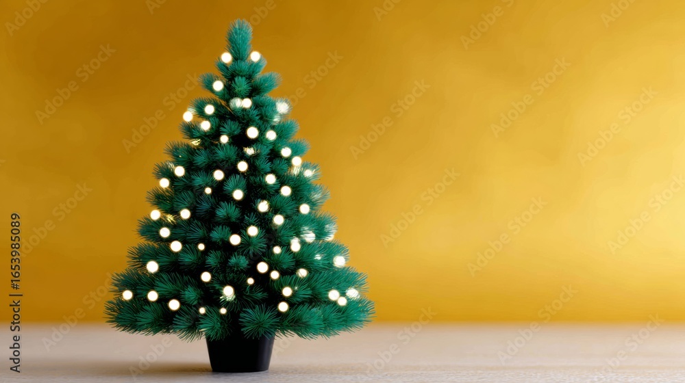 Poster christmas tree with lights on it is sitting on a table. the tree is green and has a black pot undern