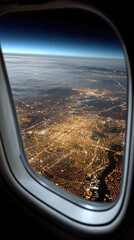 Naklejka premium Aerial cityscape night view, glowing urban lights, river, and horizon seen from airplane window, peaceful and mesmerizing