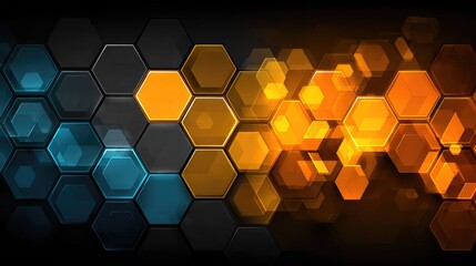 Abstract hexagonal pattern with orange and blue glowing hexagons on dark background