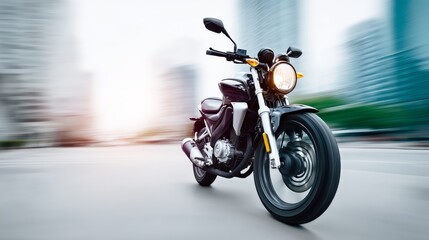 Fototapeta premium Motorcycle is on a road with a city skyline in the background. The motorcycle is moving quickly, and the cityscape is blurred, giving the impression of motion