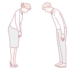 An elegant illustration of two professionals bowing in greeting, highlighting mutual respect and etiquette