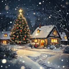 Fototapeta premium christmas, festive, illustration, background, winter, snow, xmas, season, celebration, scene, card, merry, cold, december, cute, landscape, gift, christmas tree, snowflake, tree, nature