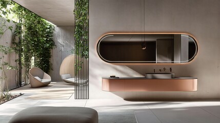 Large oval mirror with a sleek copper frame hung above a minimalist vanity in a modern bathroom The mirror reflects greenery from a window adding a touch of nature