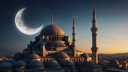 Naklejka premium Serene night over a grand mosque illuminated by the moonlight, featuring majestic domes and minarets under a starry sky.