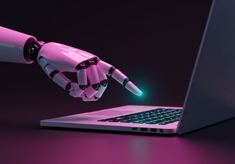 Robotic Arm Interacting with Laptop Keyboard Under Neon Lighting
