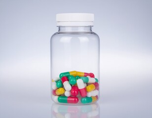 a transparent pill bottle filled with colorful capsules