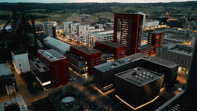 Drone footage of Belval in Luxembourg showing the RBC-building at night
