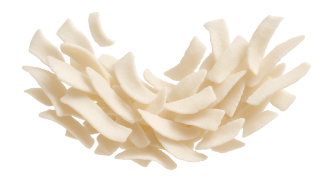 Coconut flakes arranged in a row.