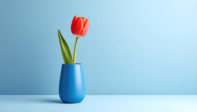 A single red tulip stands in a blue background