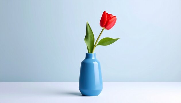 A single red tulip stands in a blue background