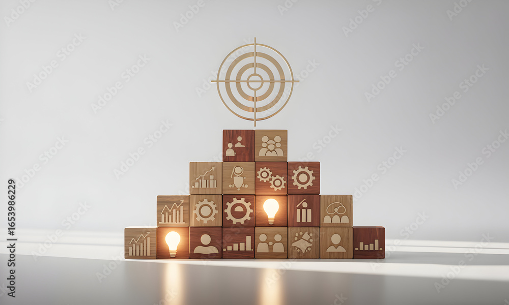 Aufkleber conceptual arrangement of wooden blocks with symbolic illustrations suggesting concepts like innovat