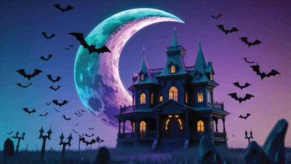 Halloween Spooky Castle: Eerie Moonlight Scene with Bats and Graveyard