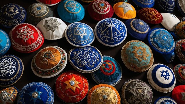 A vibrant collection of colorful kippahs, showcasing intricate designs and traditional symbols.
