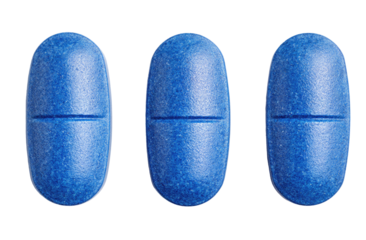 Three deep-blue oval pills,  close-up.  Each pill has a horizontal,  fine line across the center