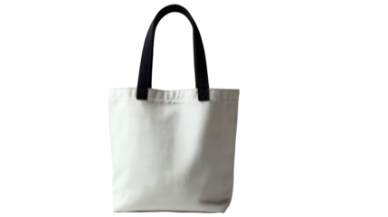 Blank white canvas tote bag with contrasting black woven handles ideal for mockup or design.