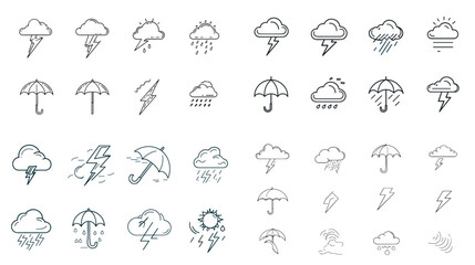 Naklejka premium Clean weather icon set featuring clouds, rain, sun, lightning, and umbrella symbols in minimalist outline style. Ideal for forecasts, apps, dashboards, or environmental infographics.