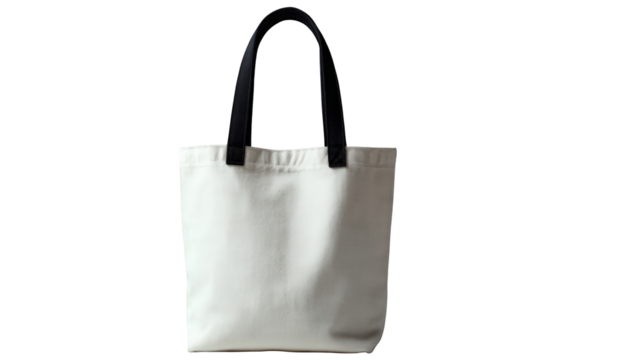 Blank white canvas tote bag with contrasting black woven handles ideal for mockup or design.