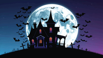 Halloween Spooky Castle: Eerie Moonlight Scene with Bats and Graveyard