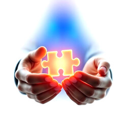 Hands holding a glowing puzzle piece with a bright light emanating upwards