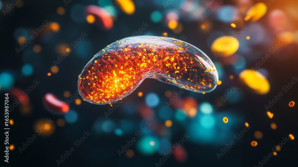 Sticker a stunning digital illustration of a glowing bean-shaped object surrounded by colorful particles. th