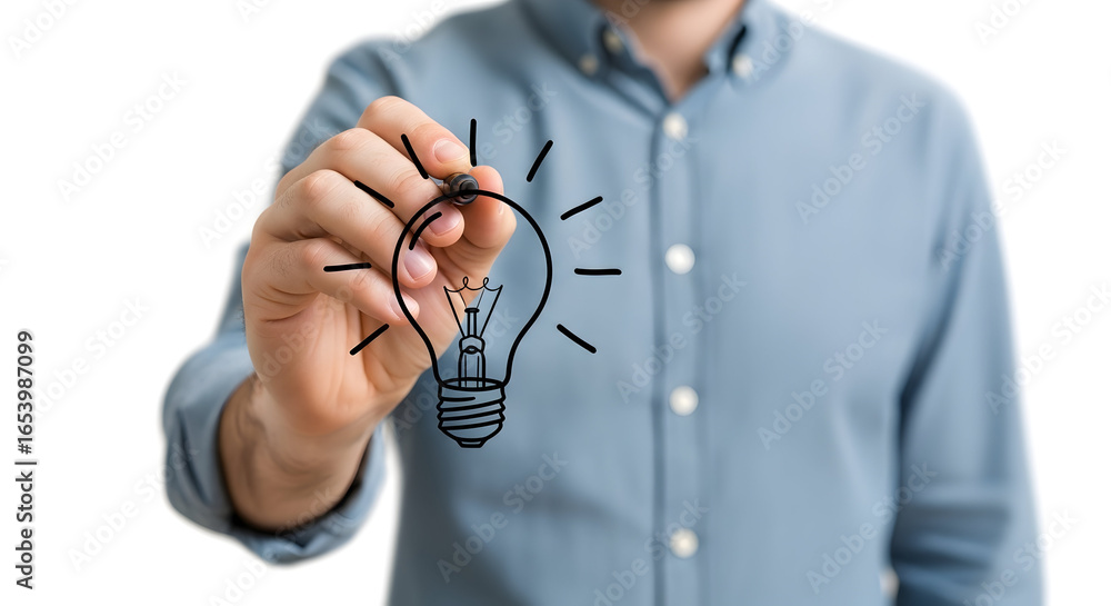 Poster a person drawing a lightbulb representing a new idea or concept, creativity, innovation, and solutio