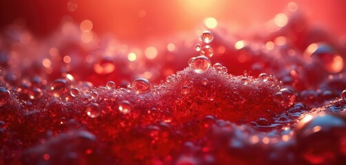 Close-up red liquid with rising bubbles creates dynamic visual experience. Vibrant effervescence, light play on surface of sparkling beverage. Perfect for celebrations, parties, refreshments, summer