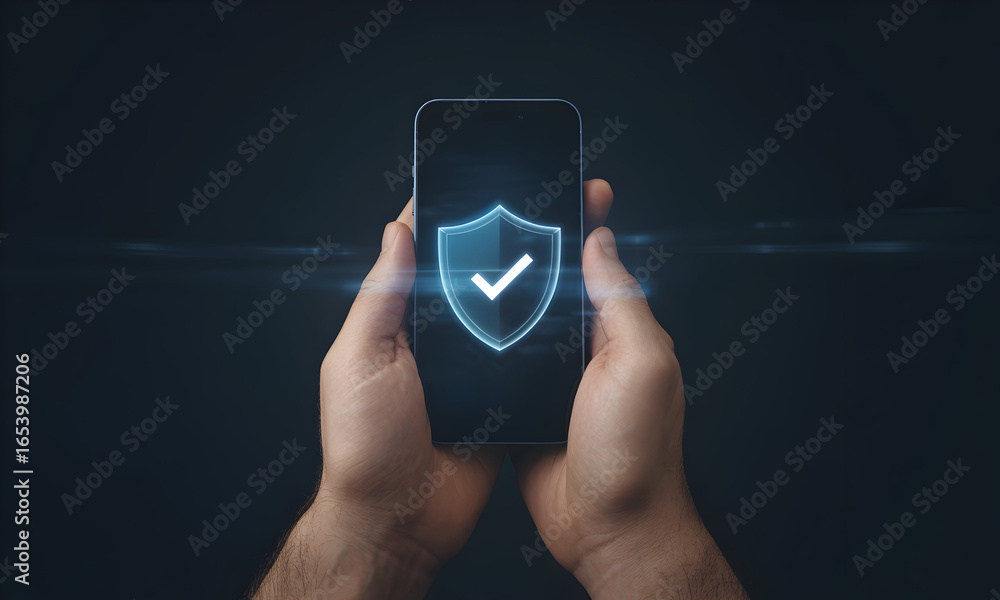 Poster close-up of hands holding a smartphone with a digital shield icon, representing secure online data a