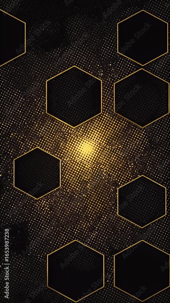 Poster geometric hexagonal abstract background with glowing gold particles